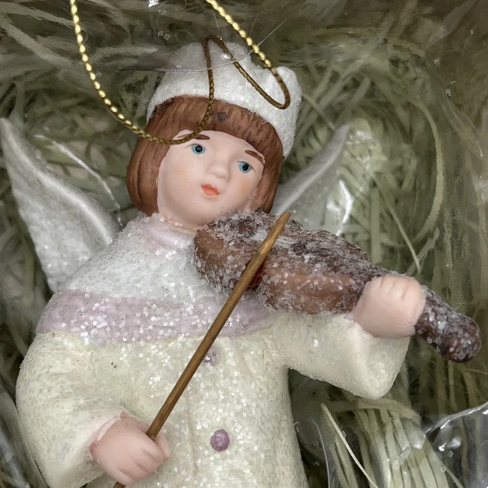 Vintage Costco Porcelain Snow Angel Wings Christmas Victorian Violin Ornament 5